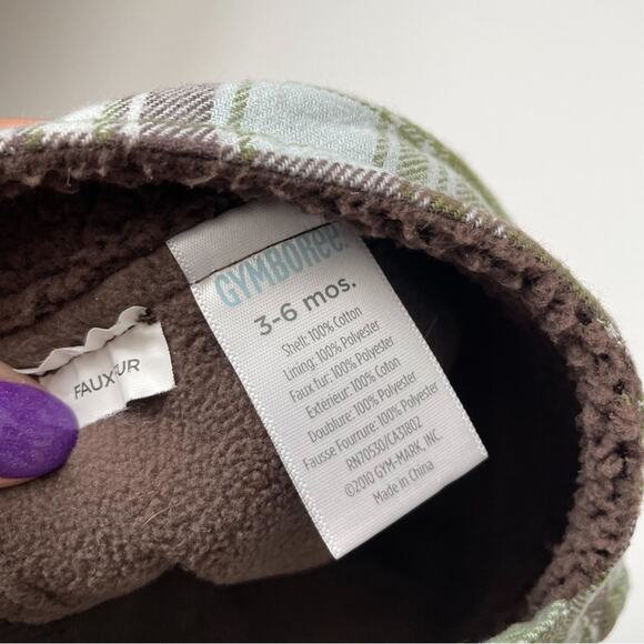 Gymboree Plaid Trapper Hat Green Brown Fleece Lined Winter 3-6 Months Baby - Picture 5 of 6